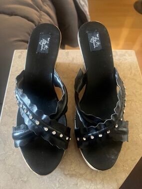 Black Studded Ruffle Slide Heels - Women